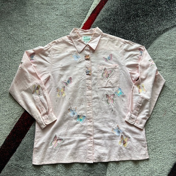 The Quaker Factory Pink Butterfly Embroidered Linen Shirt - Picture 1 of 4